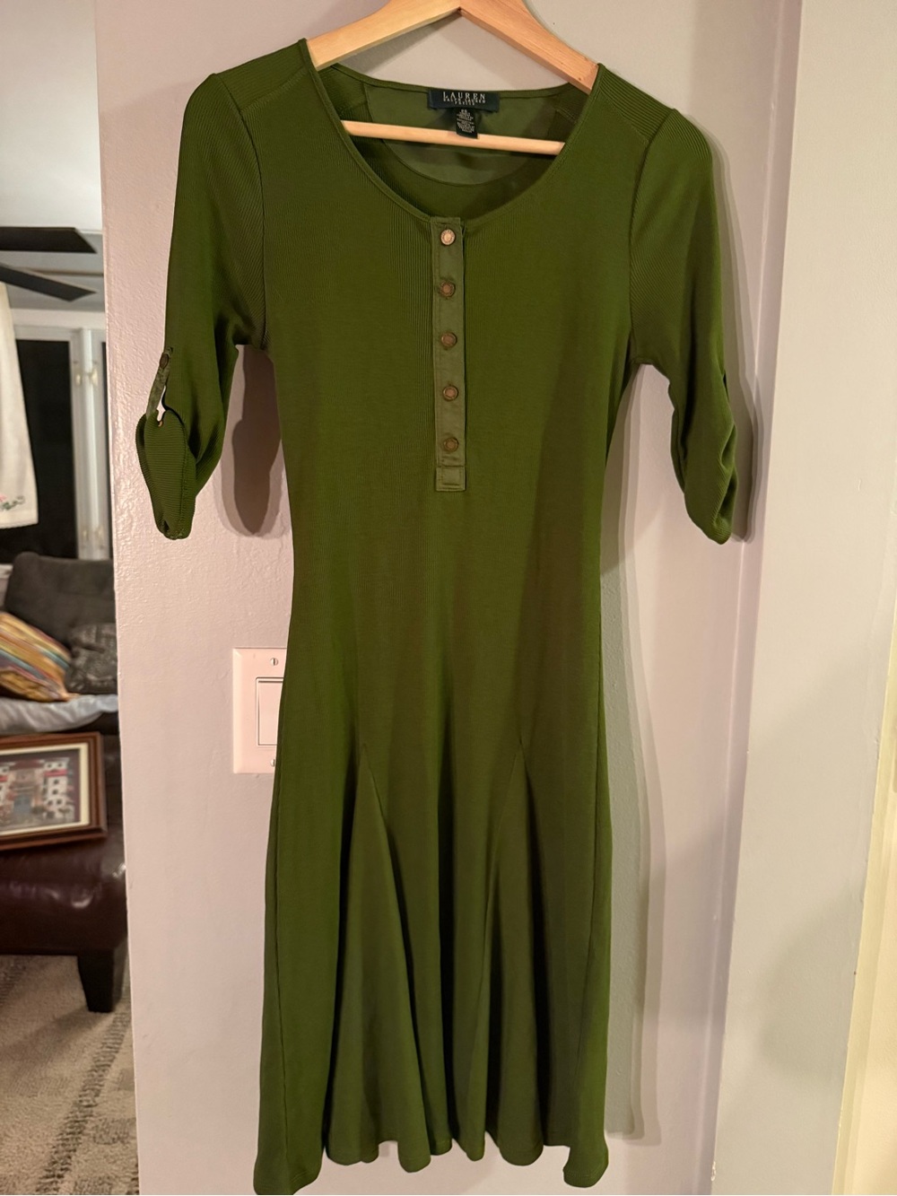 Ralph Lauren Olive Green Button-Front Fit & Flare Midi Dress